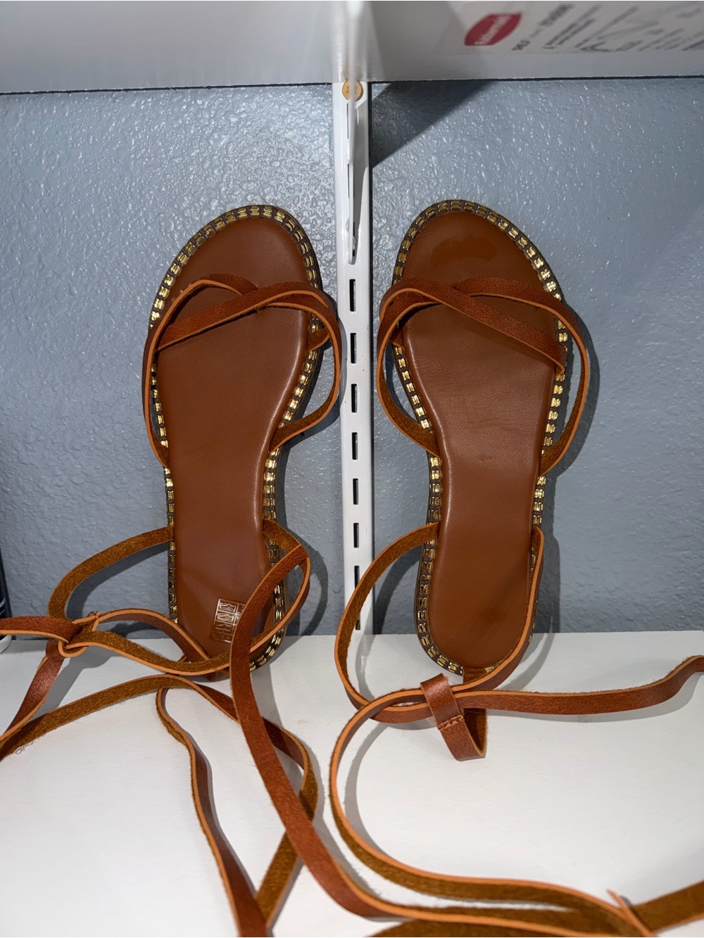 SHEIN Brown Lace-Up Flat Sandals with Gold Studded Trim